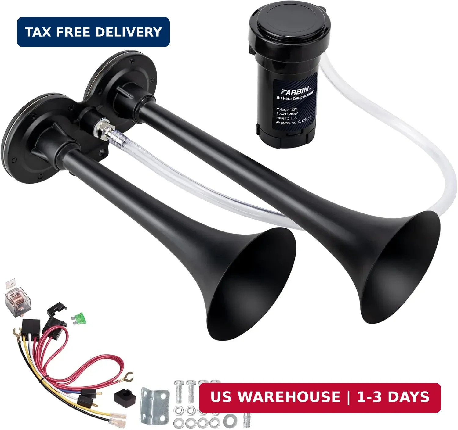 FARBIN Car Horn 12V 150db Super Loud Air Horn, Dual Trumpet Train Horns Kit for 