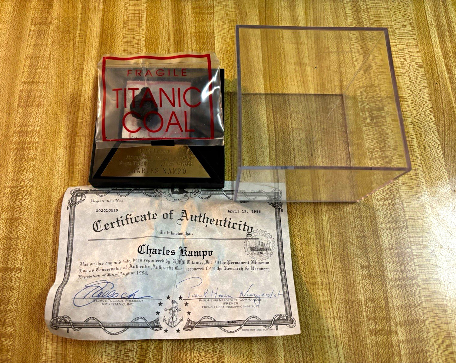 RMS Titanic Authentic Coal Fragment Display Case COA 4/19/1996