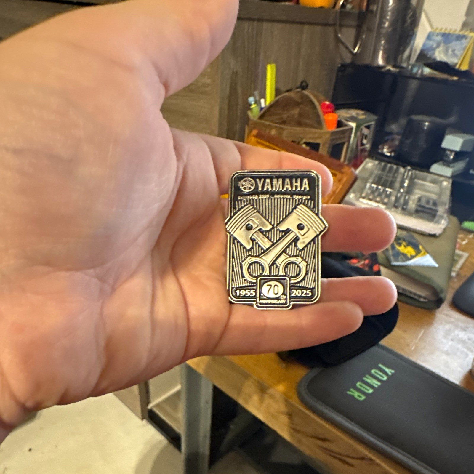 Yamaha 70th Anniversary 1955-2025 Piston Logo Pin, Two-Post Back