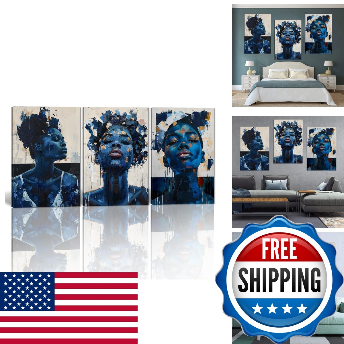 MAMAGO Large Bedroom Canvas Wall Art 3 Panels Graffiti Black Woman Poster