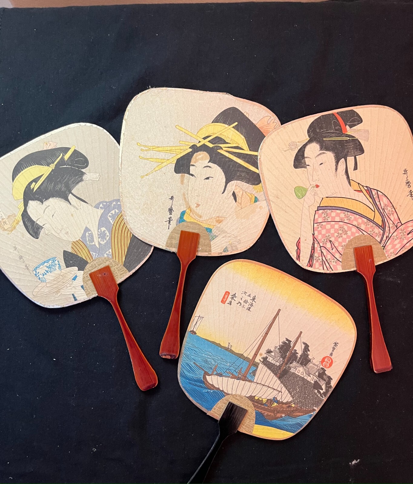 Vintage Japanese Uchiwa Hand Fans Bamboo Handles Made in Japan. Small Beautiful