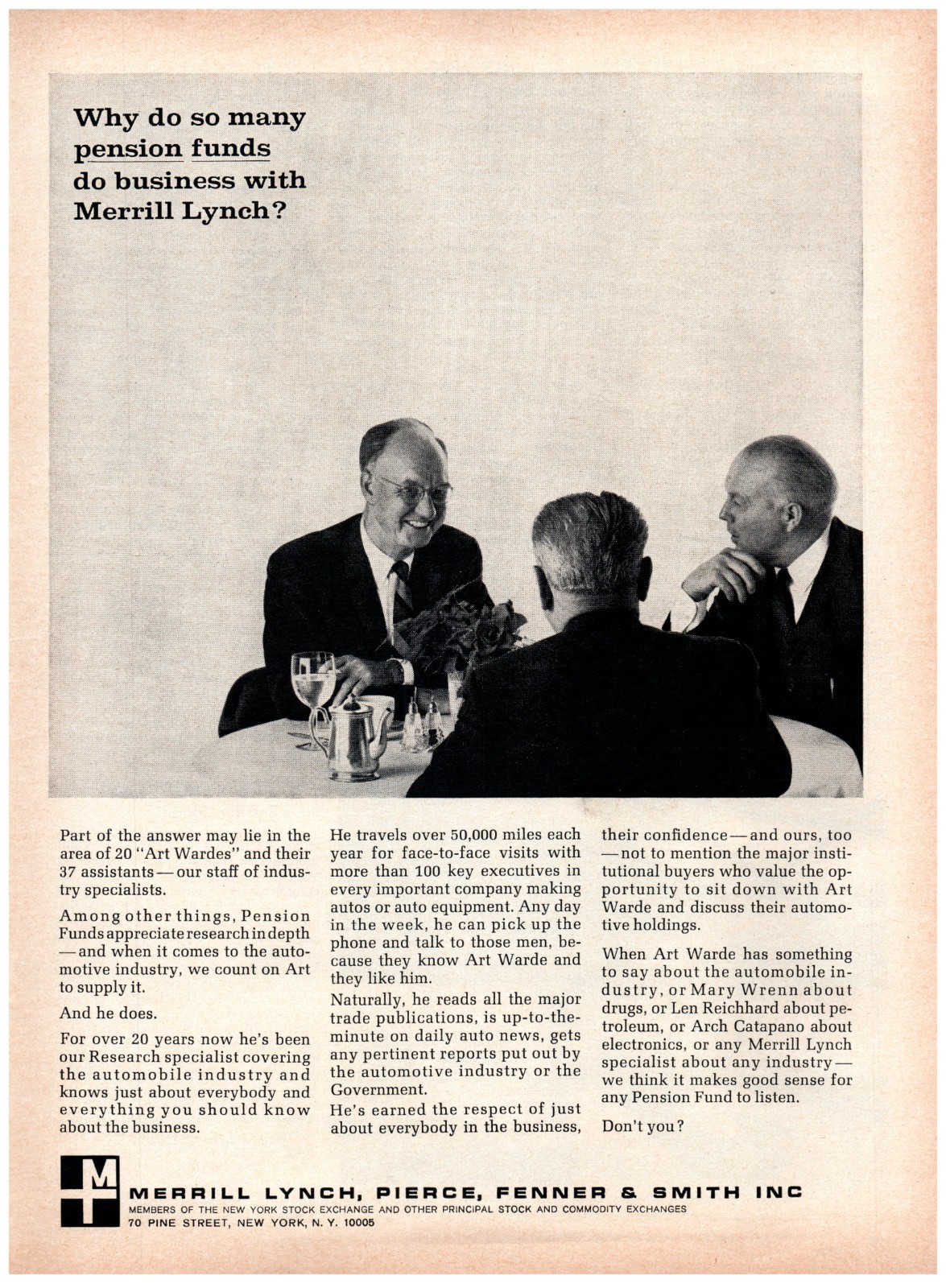 1965 PRINT AD, So Many Pension Funds Do Business With Merrill Lynch Art Wardes