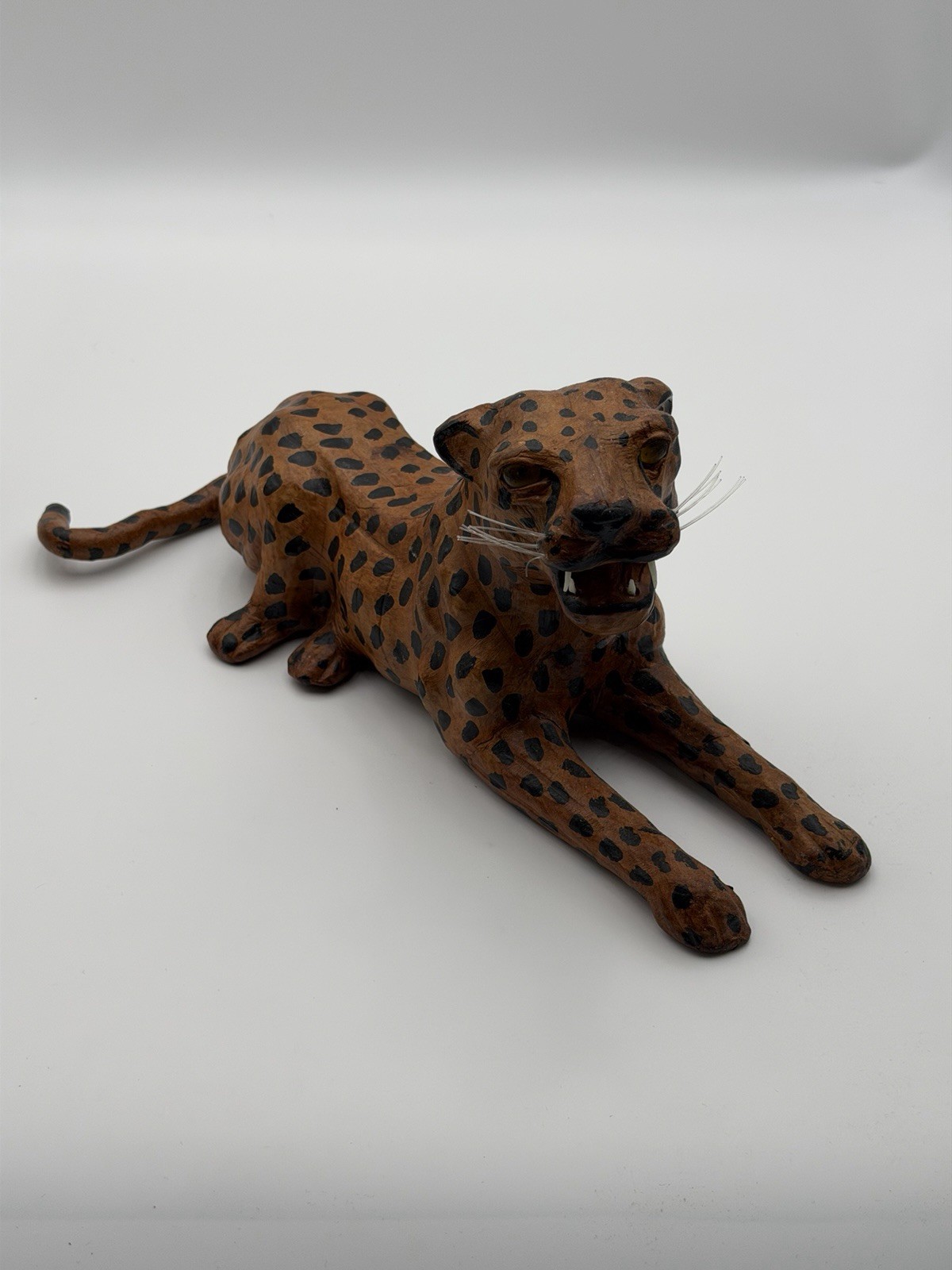 Vintage Leather Art Wrapped Orange Leopard With Black Spots, With Wiskers