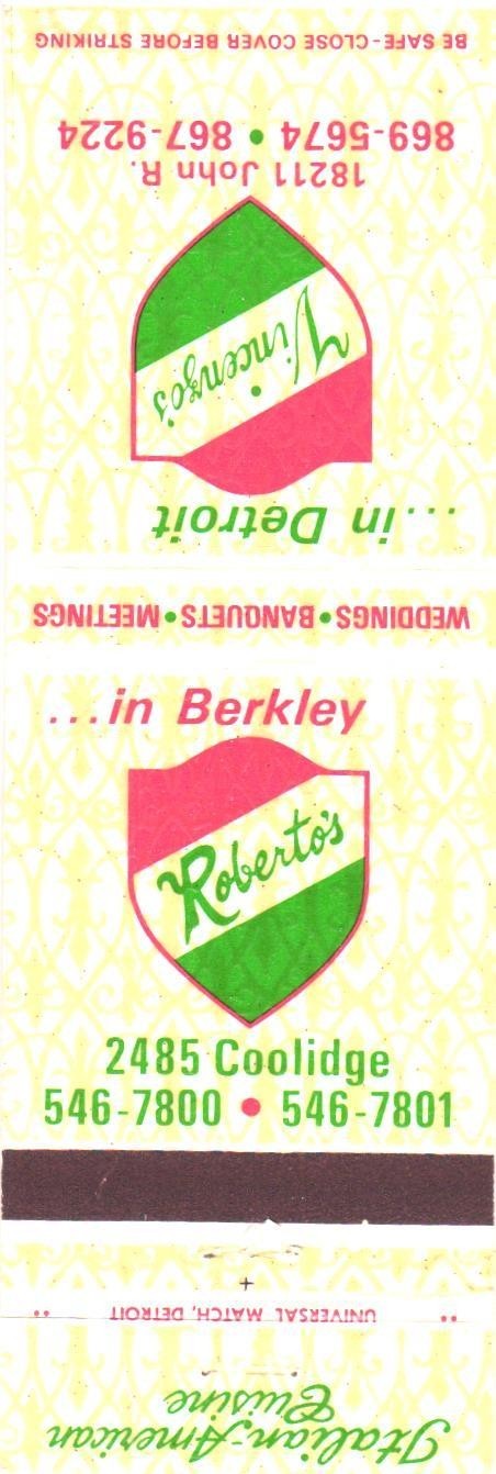 Vincenzo's Roberto's Detroit Berkley MI Italian Cuisine Vintage Matchbook 1970s