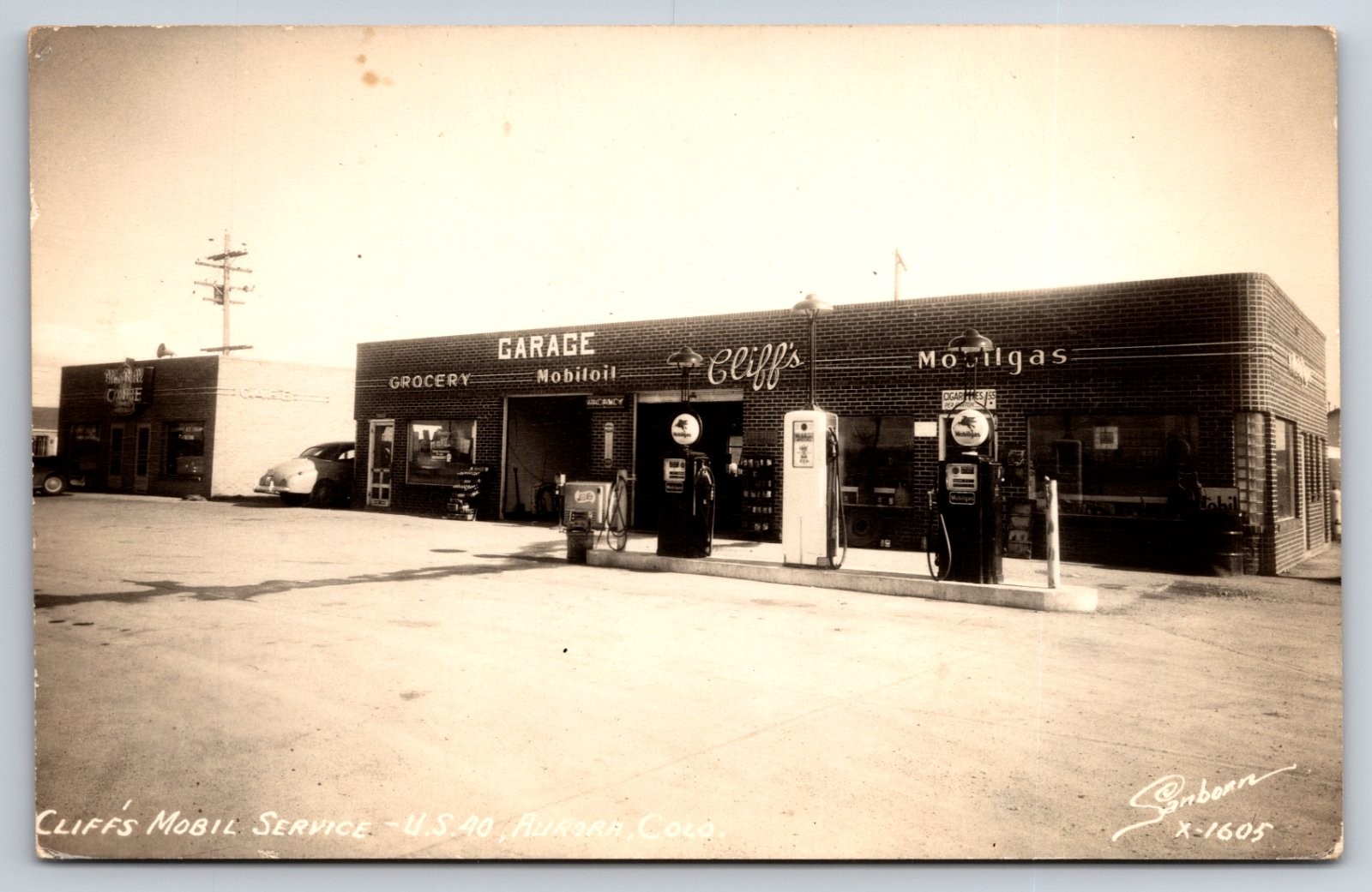 Aurora Colorado Cliff's Mobil Service Station Gas Pumps Sanborn Real Photo RPPC