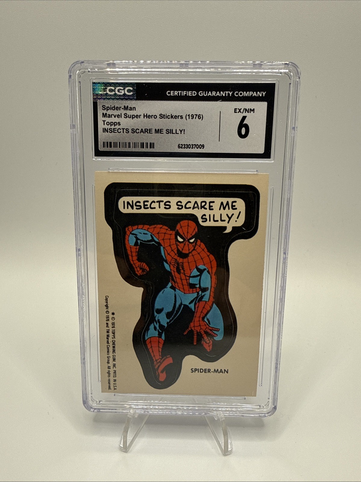 1976 Topps Marvel Super Heroes Spider-Man Insects Scare Me Silly Sticker CGC 6