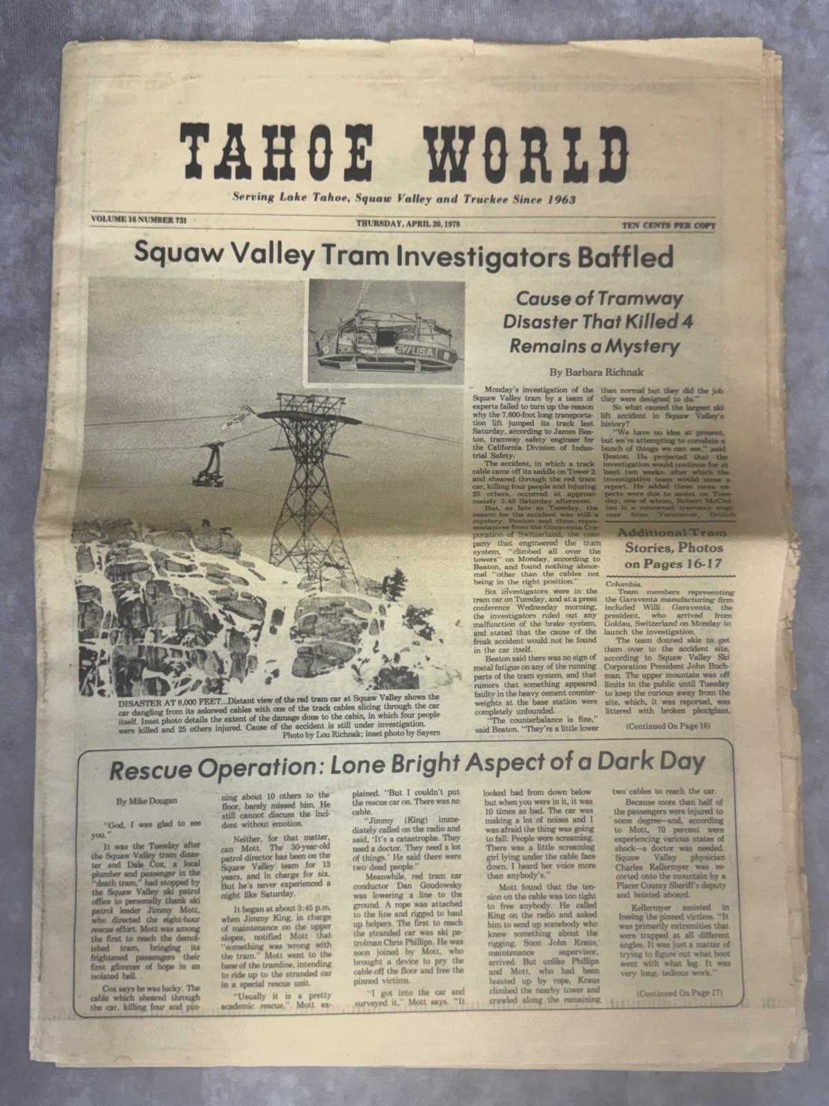 1978 Tahoe World Squaw Valley Tram Disaster Accident Original Newspaper