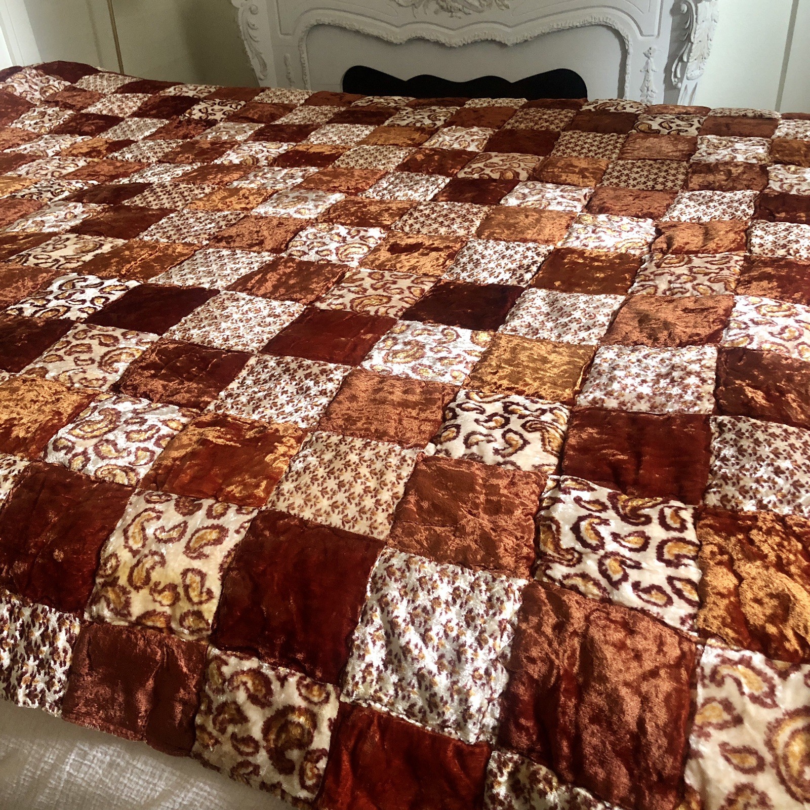 Vintage 70s Velvet Patchwork Quilt Bedspread Full Queen 80 X 101 Boho Hippie