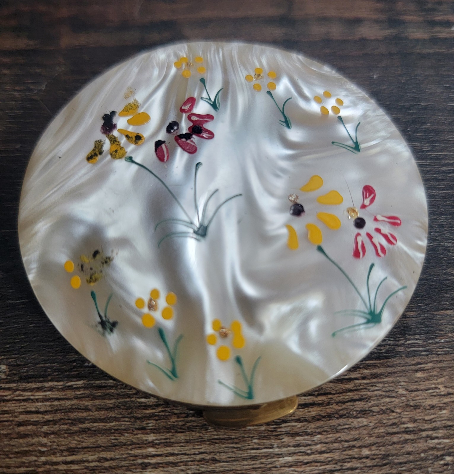 Vintage Mother of Pearl Powder Compact Floral Painted Gold Tone Vanity Mirror
