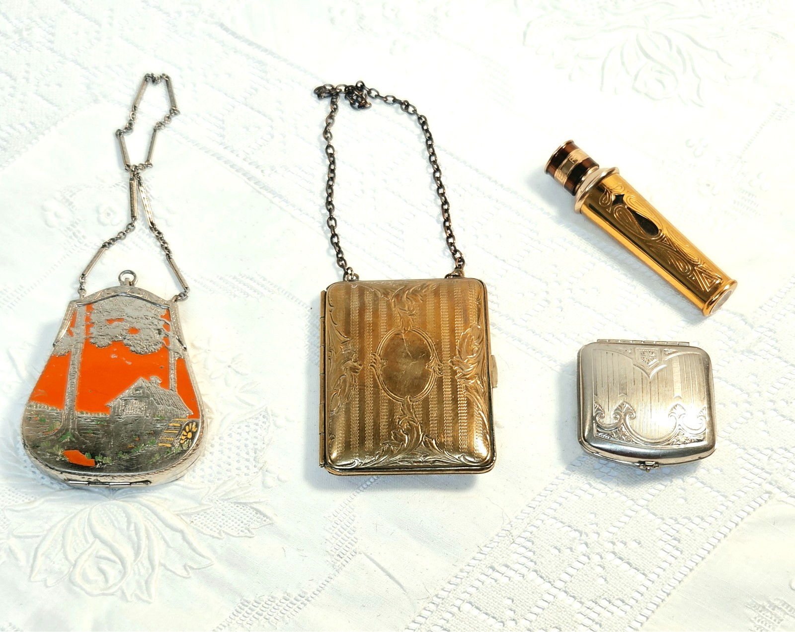 #13 Vanity lot of 4 Vintage Compact, 2 Wristlets, & 1940s Perfume Bottle