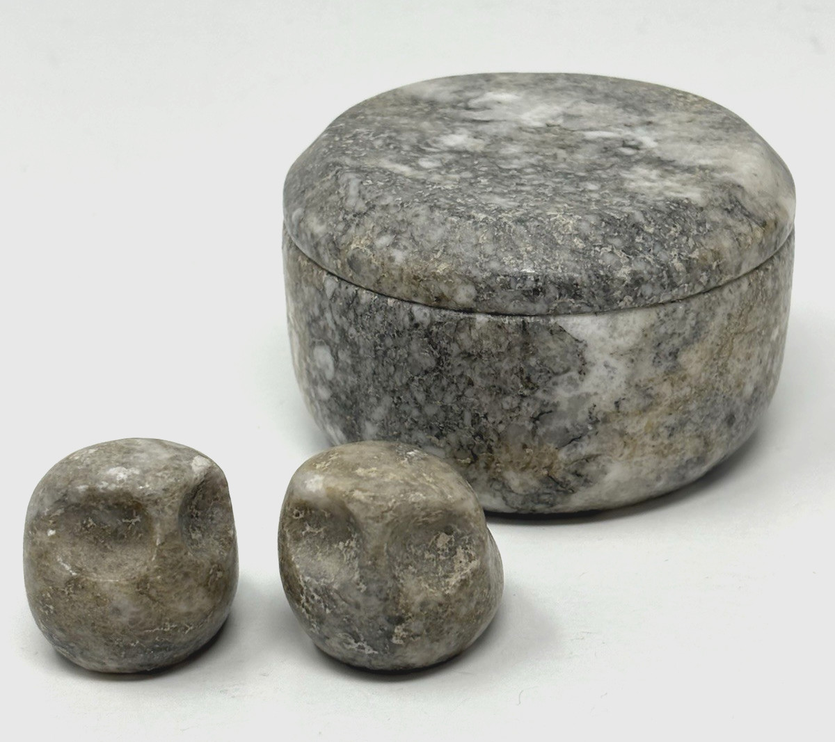 Gray Marbled Stoned Lidded Trinket Box with Carved Baby Owls 3 Piece Set