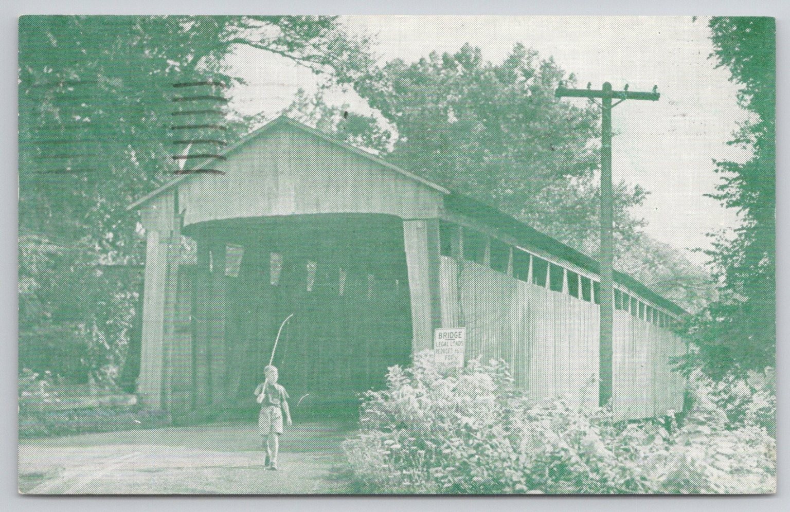 Vintage Black Bridge Oxford OH Covered Bridge Fisherman Postcard 1955