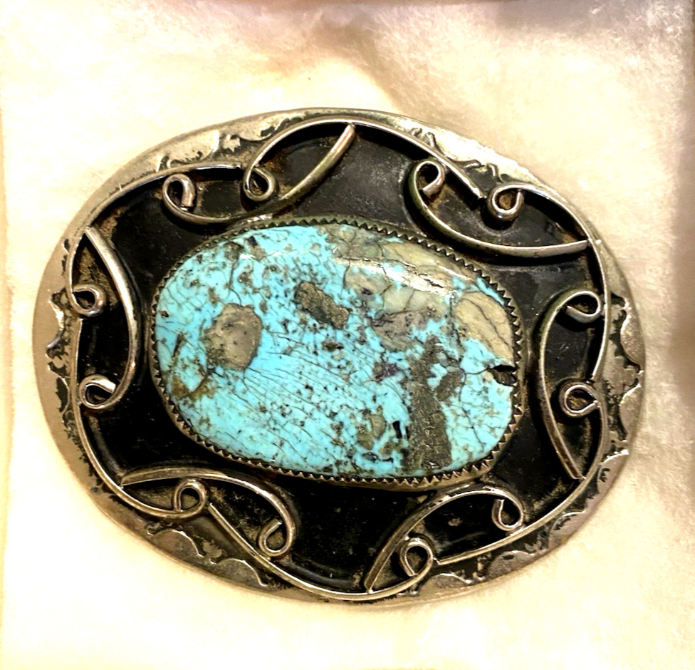 Vtg Western Belt Buckle Turquoise Stone Silver Tone Polished Handcrafted 3”