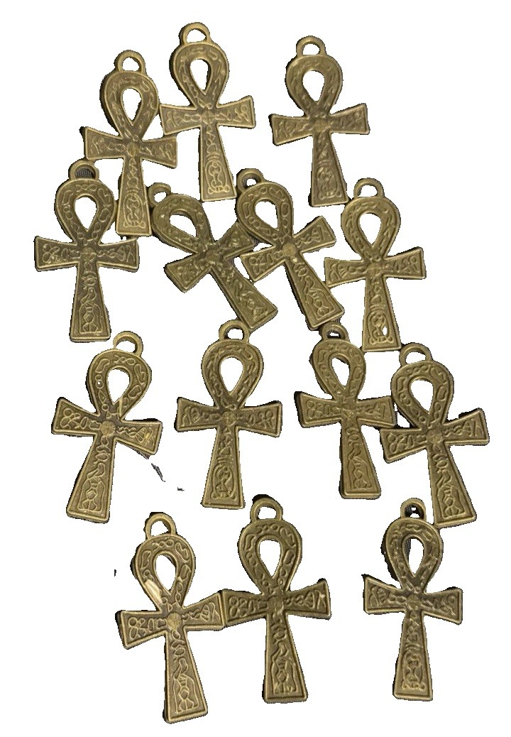 Lot of 12 Egyptian Ankh Cross Charms/Pendants Gold-Tone Metal