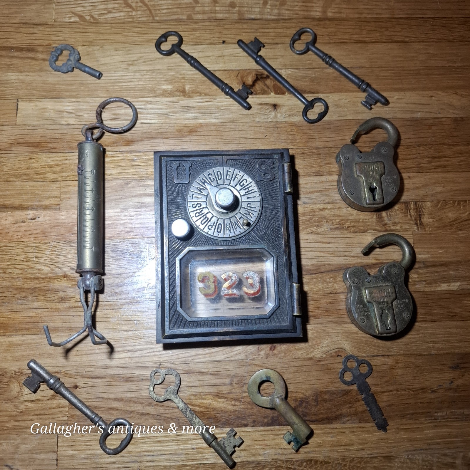 junk drawer lot vintage antique skeleton keys locks brass scales Collection
