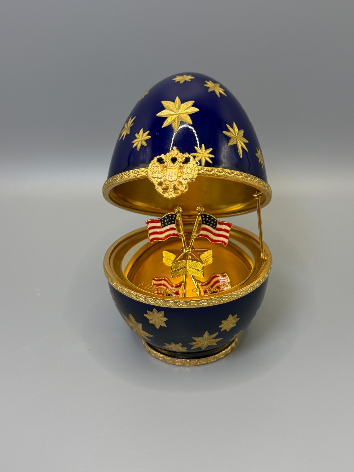 REAL Fabergé Limoges France Patriotic Egg Trinket Box Blue Gold Stars No. 247