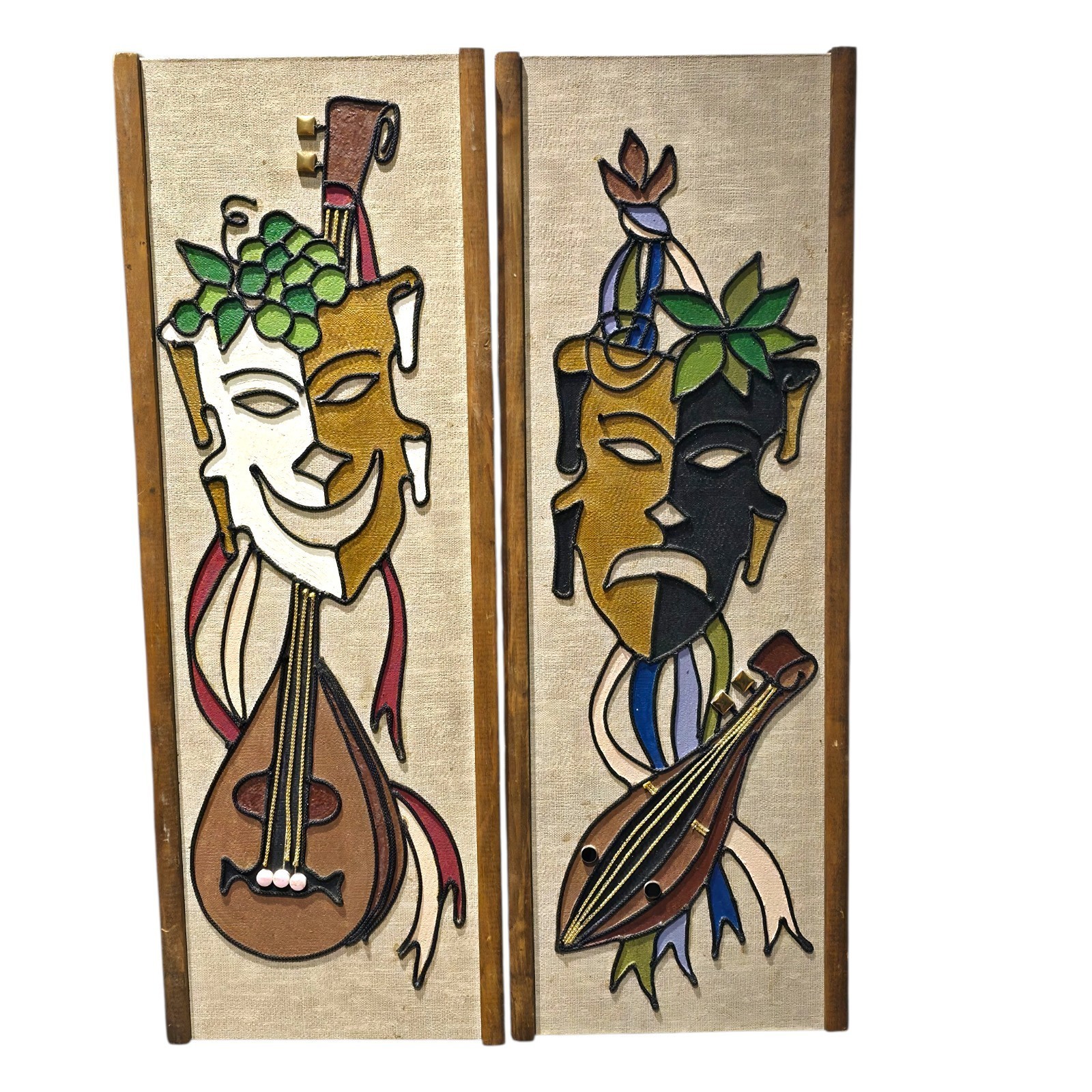 Vtg 1960s MCM Gravel Art Pair Comedy Tragedy Theater Mask Wall Plaque Panel 24