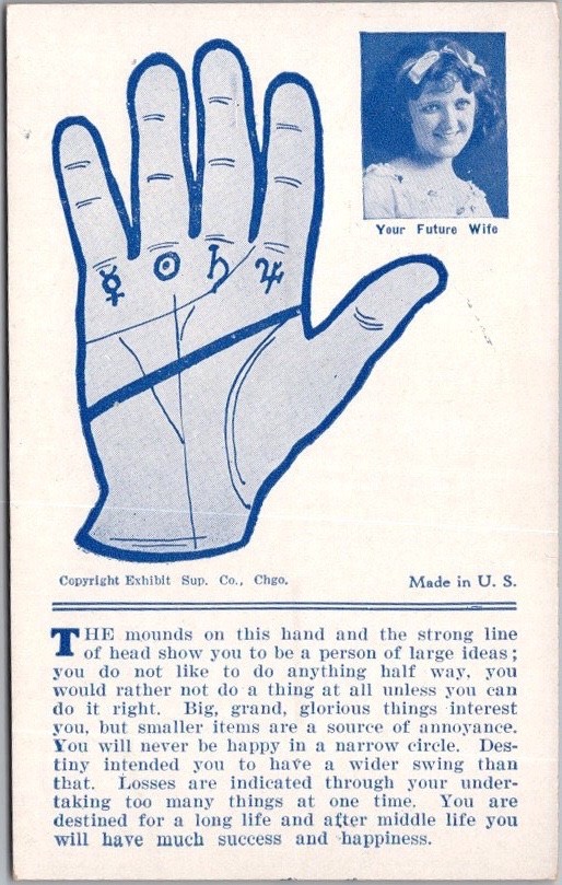 c1930s PALM READING / Fortune Teller Exhibit Co. ARCADE CARD 