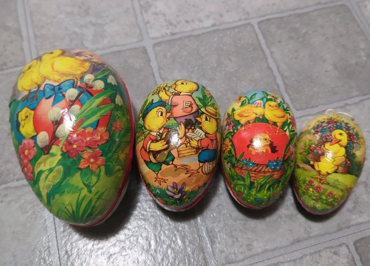 Vintage West Germany Paper Mache Easter Egg Ducks Chicks Nesting Set 4 Container