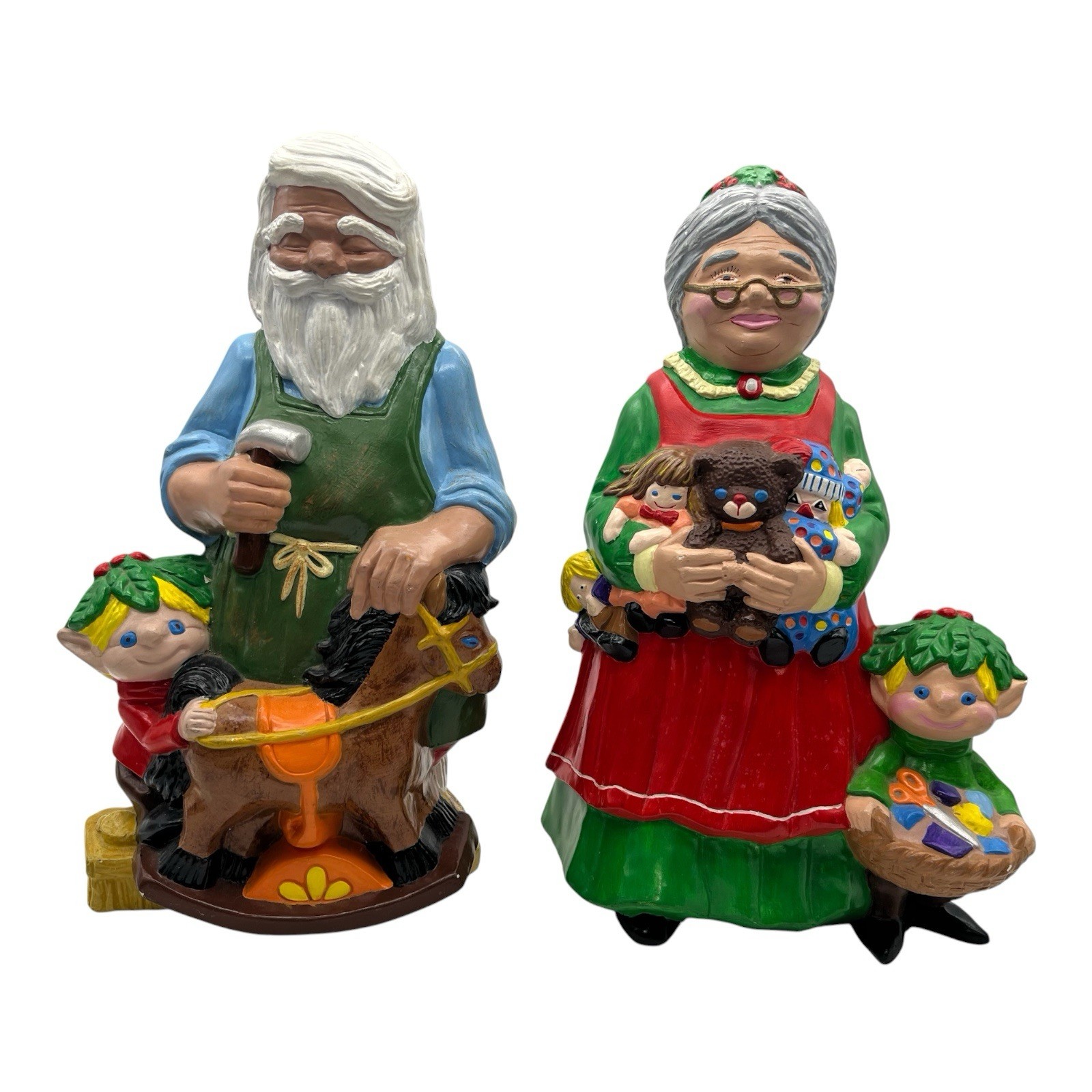 Vintage 1981 Santa & Mrs Claus Figurines Elves Toys Hand Painted Christmas Pair