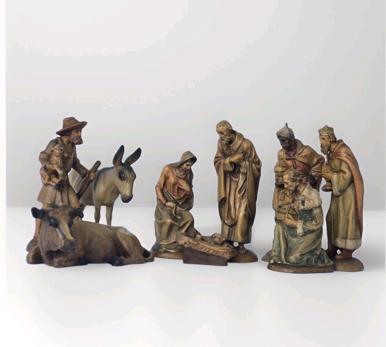 ANRI Italy Vintage 9 Pc Wood Nativity Set Holy Family Wise Men Animals 3”