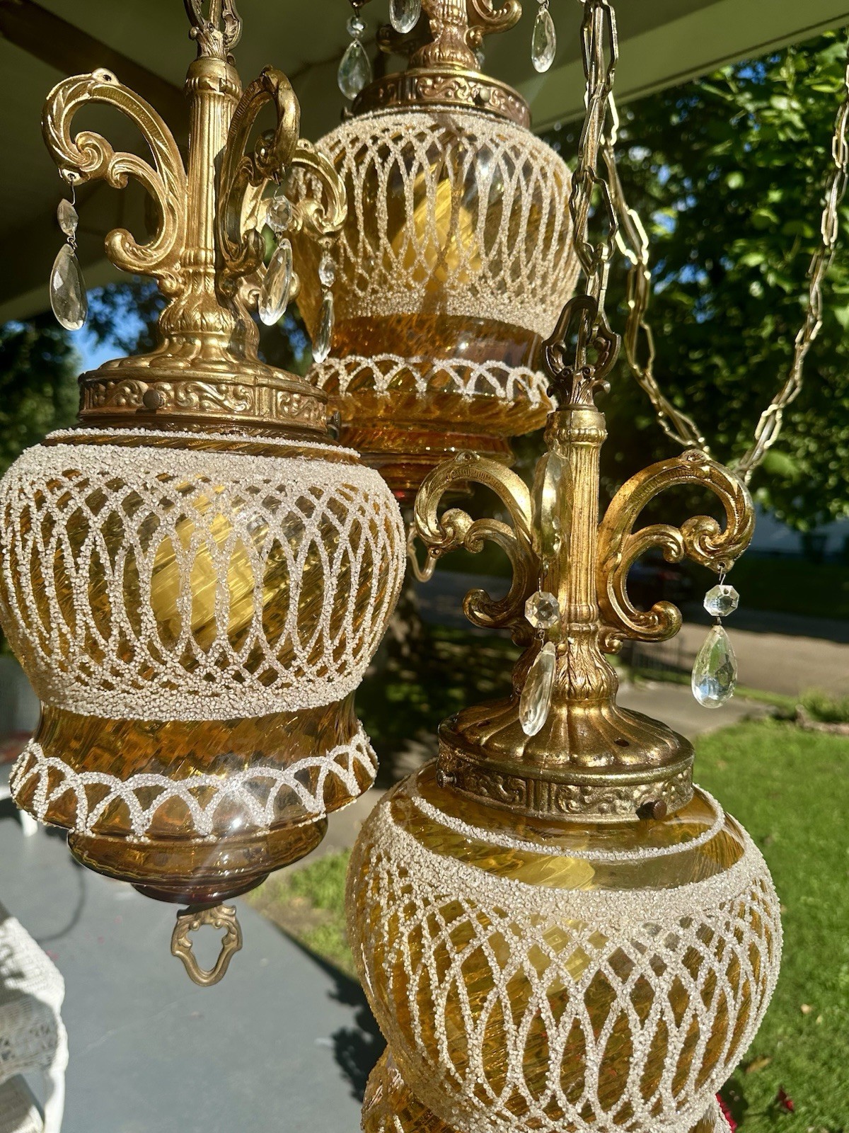 Gorgeous Rare Vintage Amber Glass 3 Shades MCM Swag Lamp Mid C Hollywood Regency