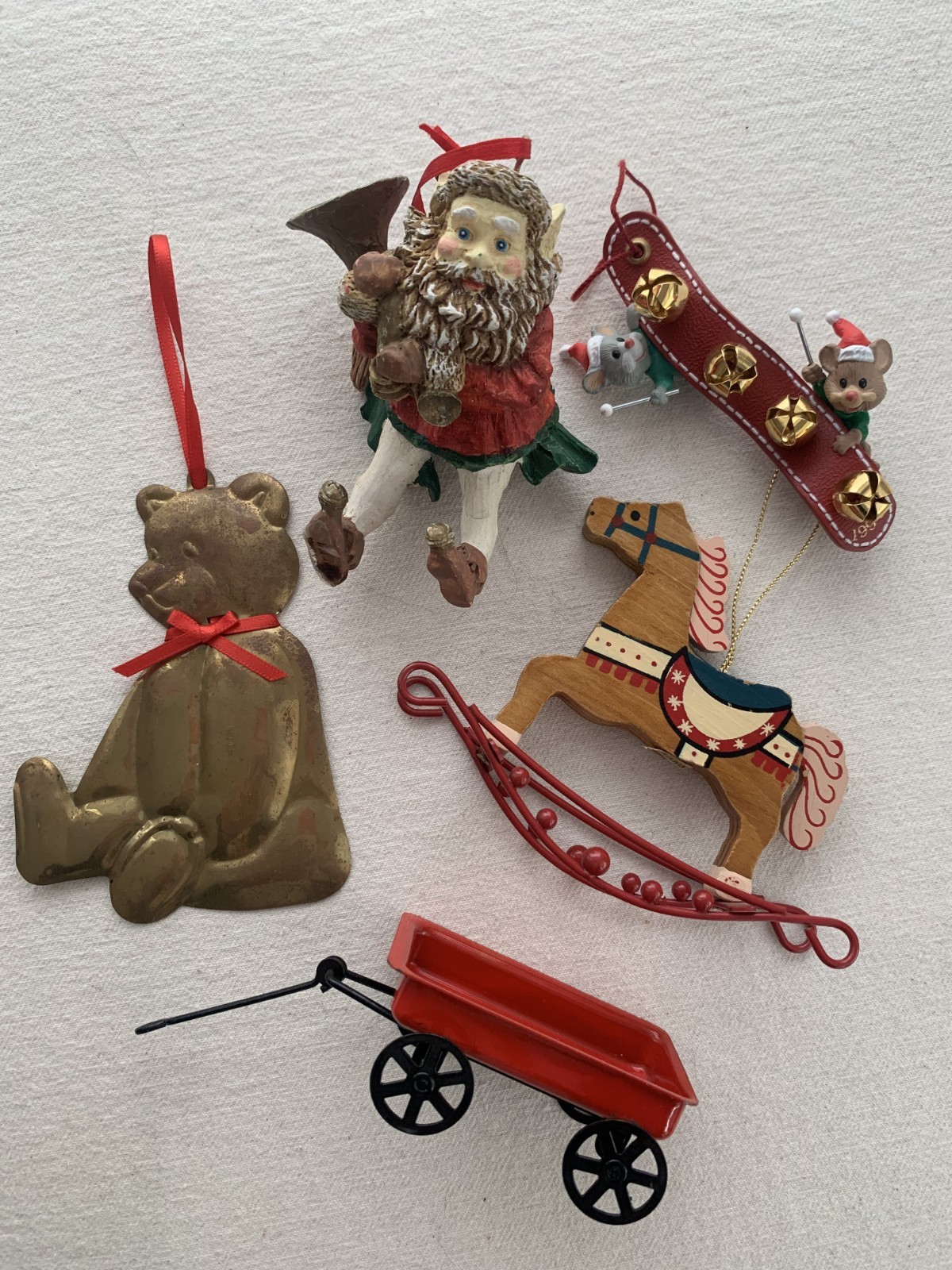 Lot of 5: Vtg Metal & Resin Ornaments: Bear, Elf, Wagon, Rocking Horse, Mice