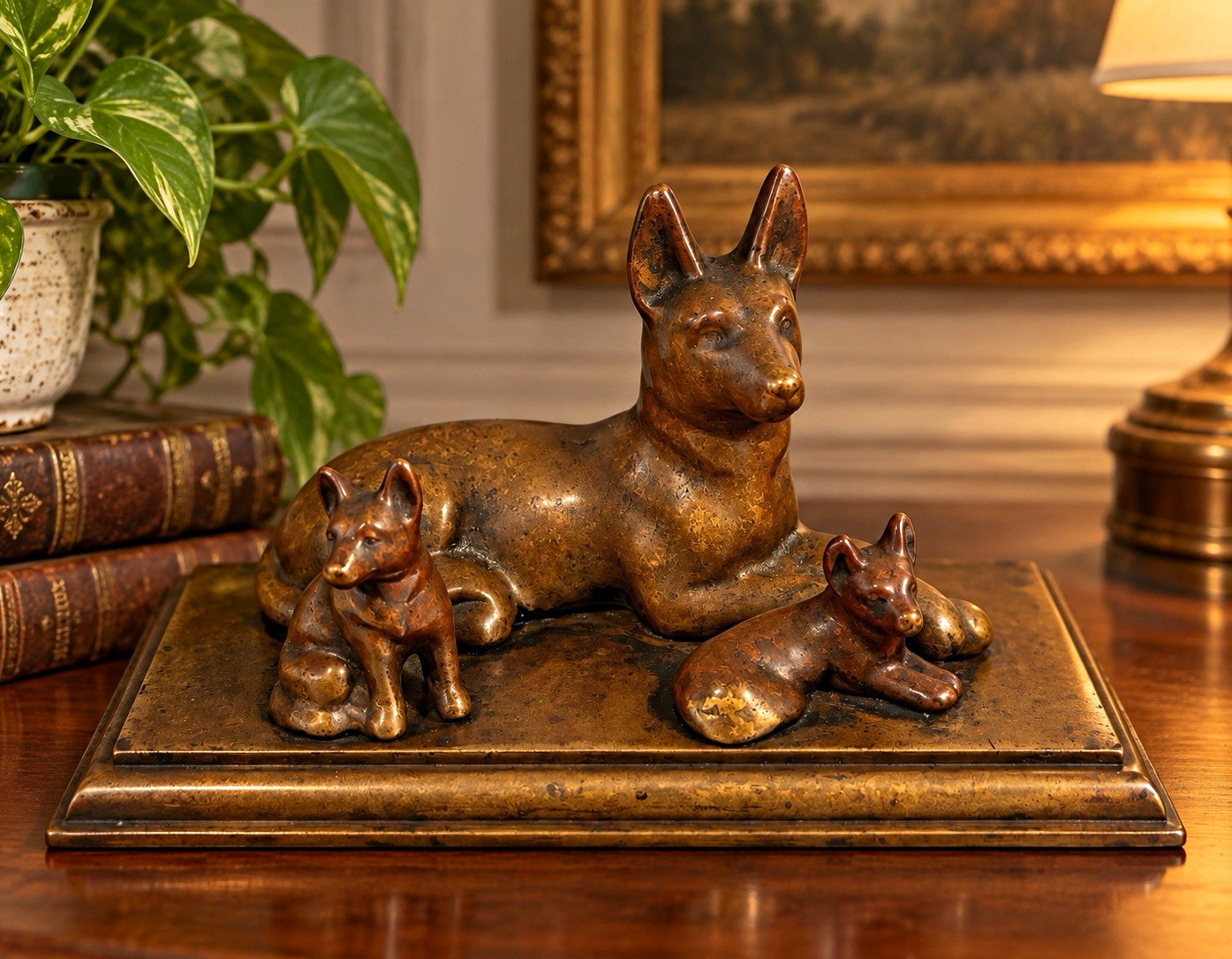 Vintage Solid Bronze German Shepherd & Puppies Sculpture – Heavy