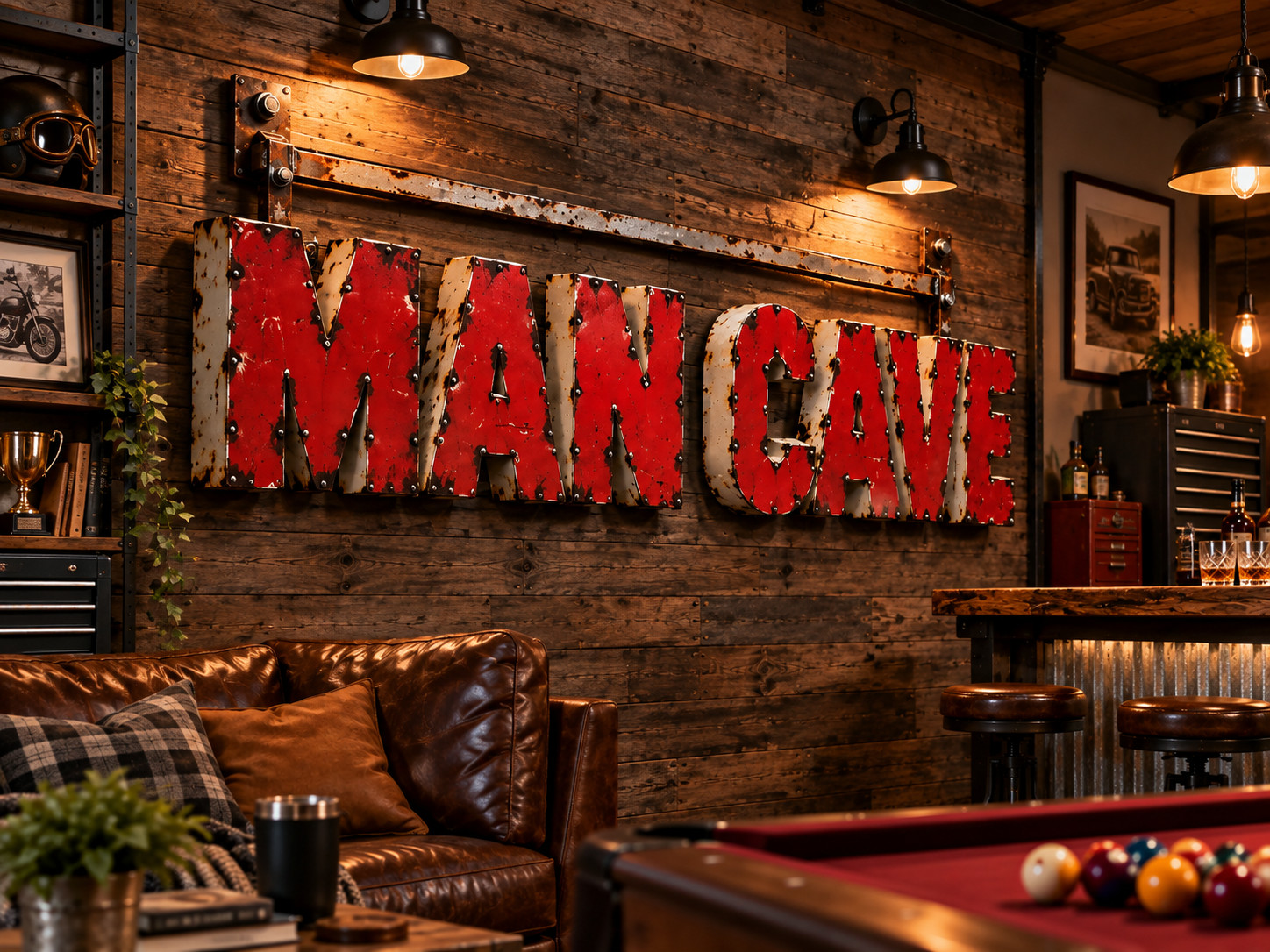 MAN CAVE – Vintage Red Metal Letter Wall Sign