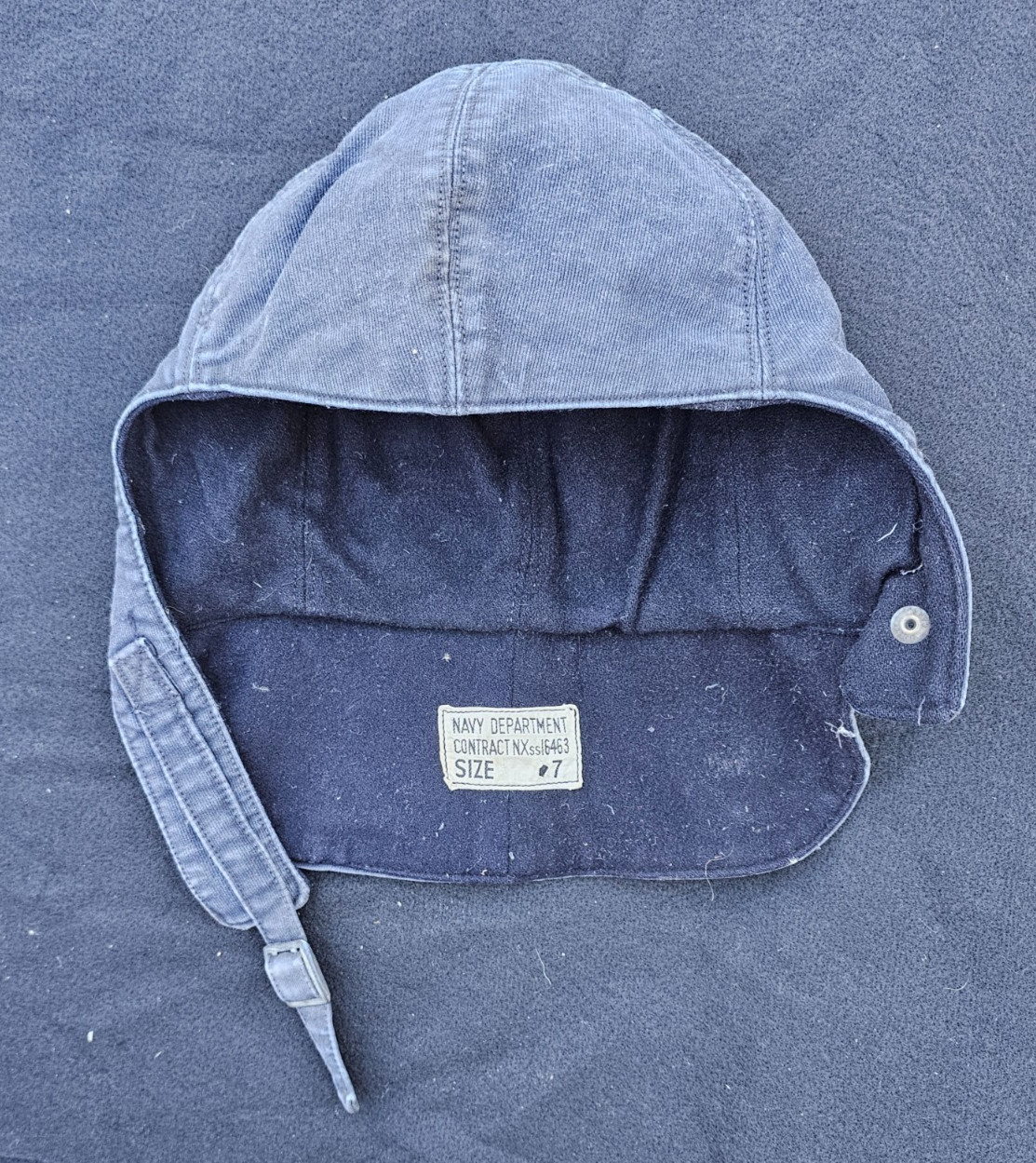 Original US Navy Cold Weather Deck Cap USN Stencil Ear Flaps Size 7 Navy Blue