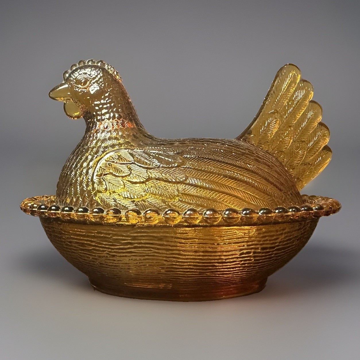 Vintage Indiana Glass Amber Hen on Nest Covered Dish Beaded Rim⁠