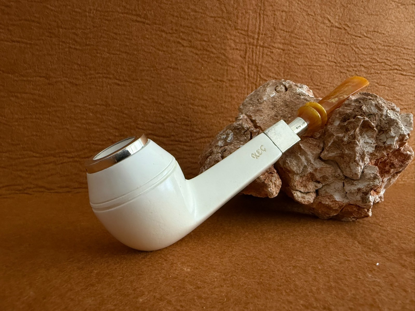 Meerschaum Pipe, Silver Spigot Stem, Handmade Rhodesian Style with Fitted Case