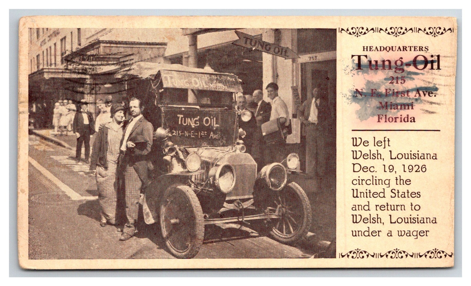 LOUISIANA, WELSH COUPLE IN MIAMI AT TUNG OIL HEADQUARTERS ON A WAGER 1926