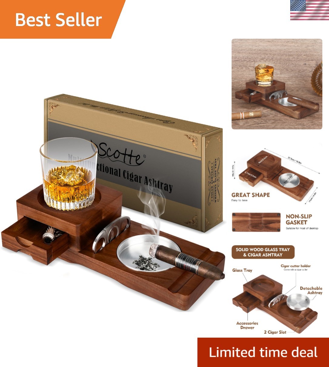 Elegant Whiskey Glass Tray & Cigar Ashtray Set - Ideal for Men’s Accessories