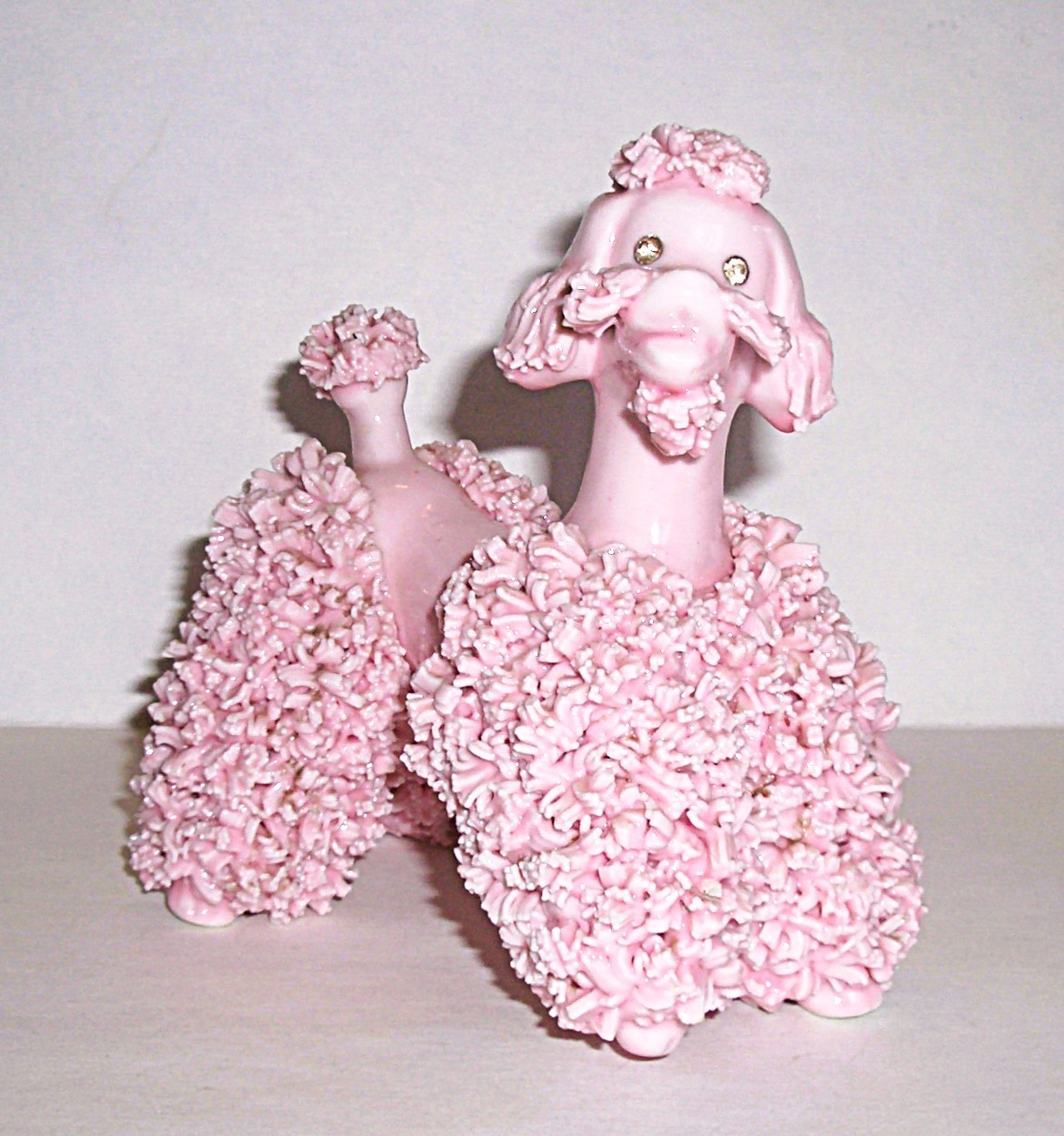 Vintage 1950s Large Pink Spaghetti Poodle W/Clear Rhinestones Eyes Standing Pose