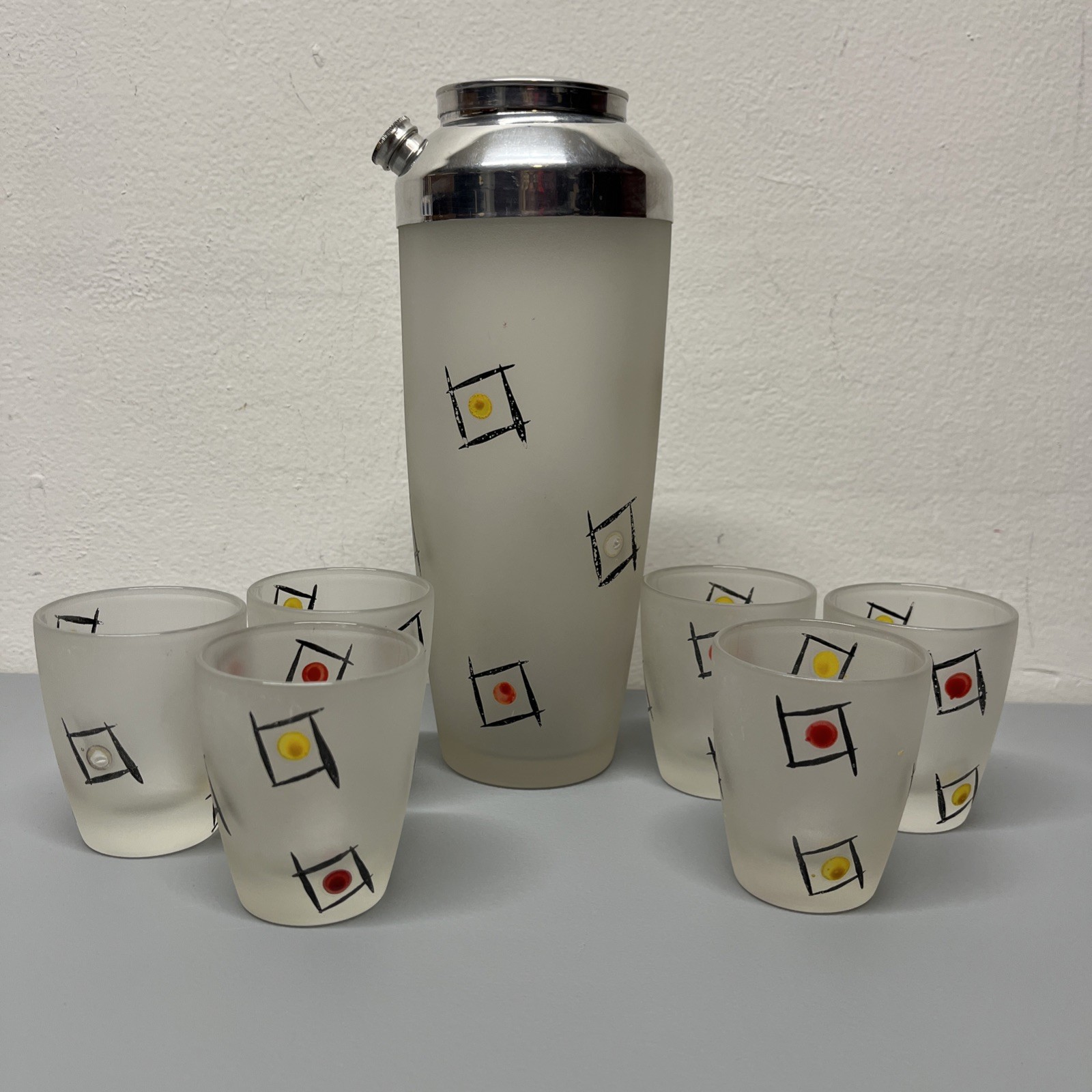 Vintage MCM Frosted Glass Cocktail Shaker Set Atomic Geometric Squares 6 Glasses