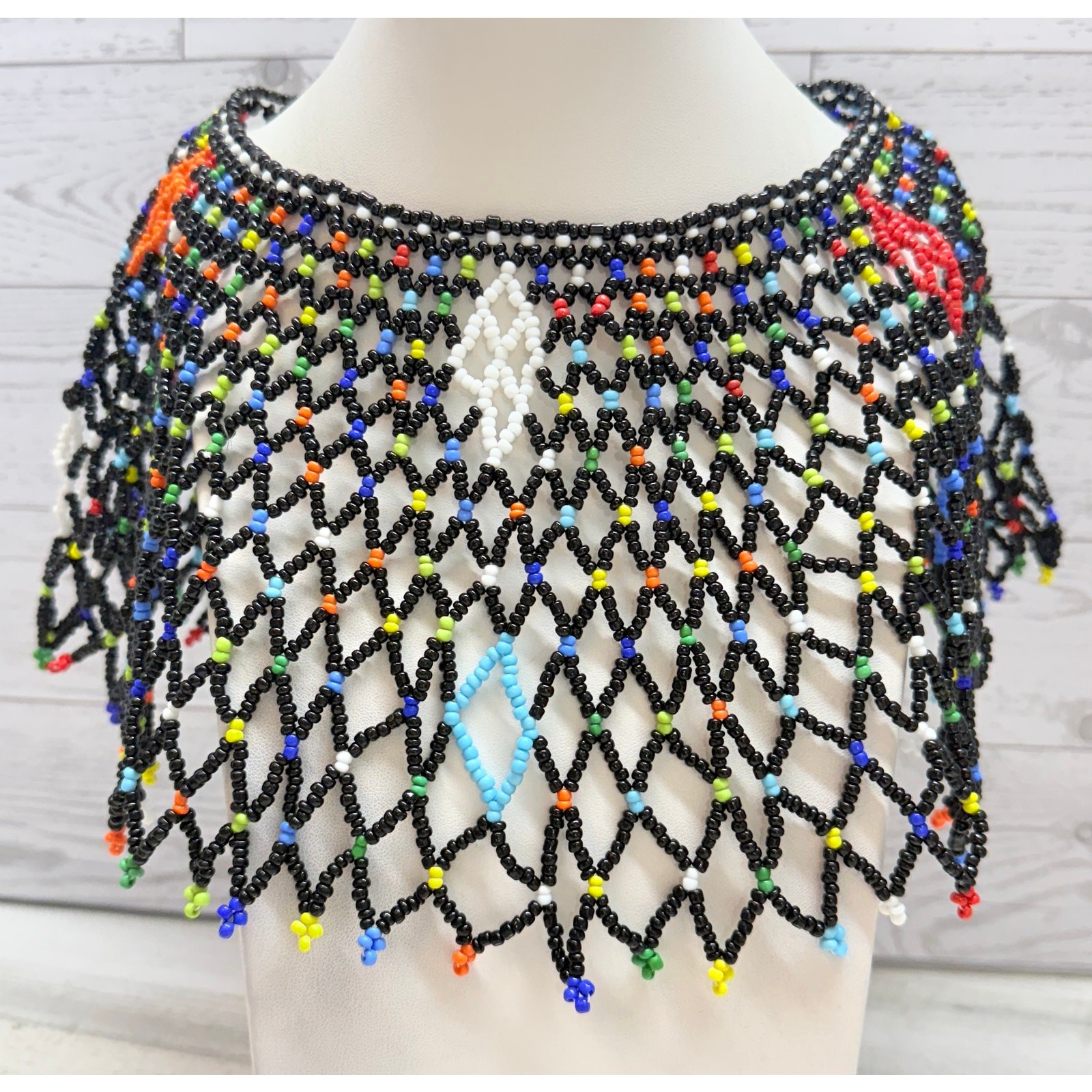 Vintage 1970-90s African Zulu Tribal Glass Bead Bib Multicolor Handmade Collar