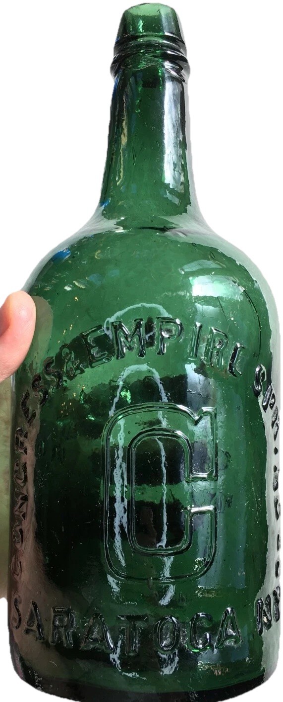 Antique Congress Empire Spring Saratoga New York Emerald Green Applied T Bottle
