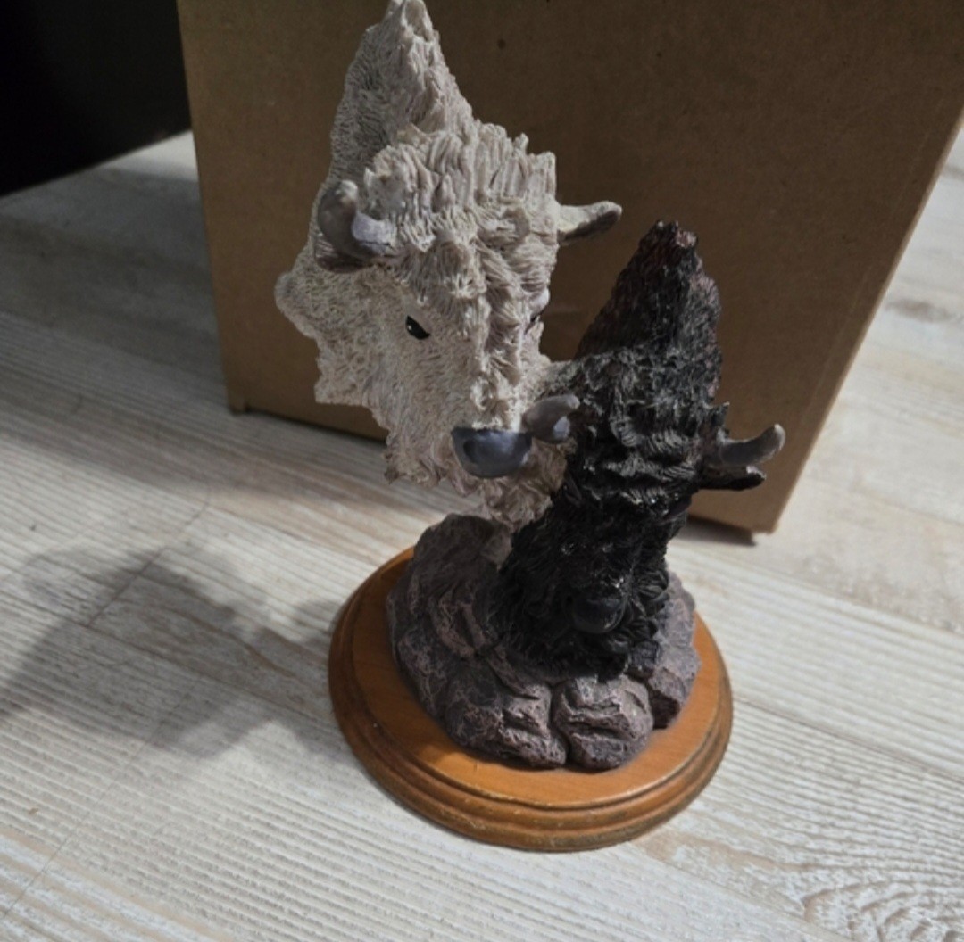 Buffalo Bison Resin Figurine on Wood Base – White & Brown Bison Bust