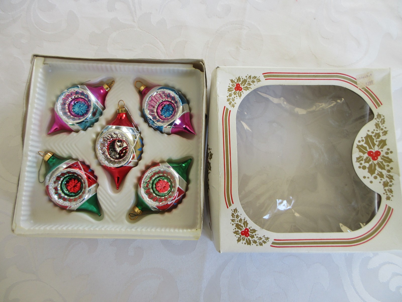 VTG Bradford Designer Classics Glass Christmas Ornaments Set -5 TEARDROP REFLECT