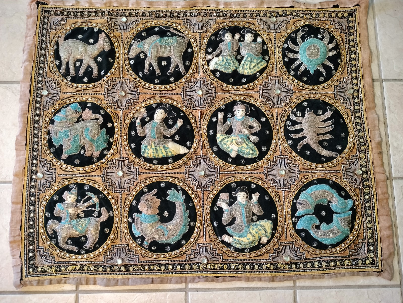 Vintage Thai Kalaga Zodiac Tapestry | Hand-Embroidered Wall Hanging | Pls READ