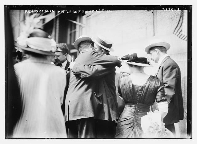 A Reservist Embracing Another Man At French Line Pier As He Prepar Old Photo