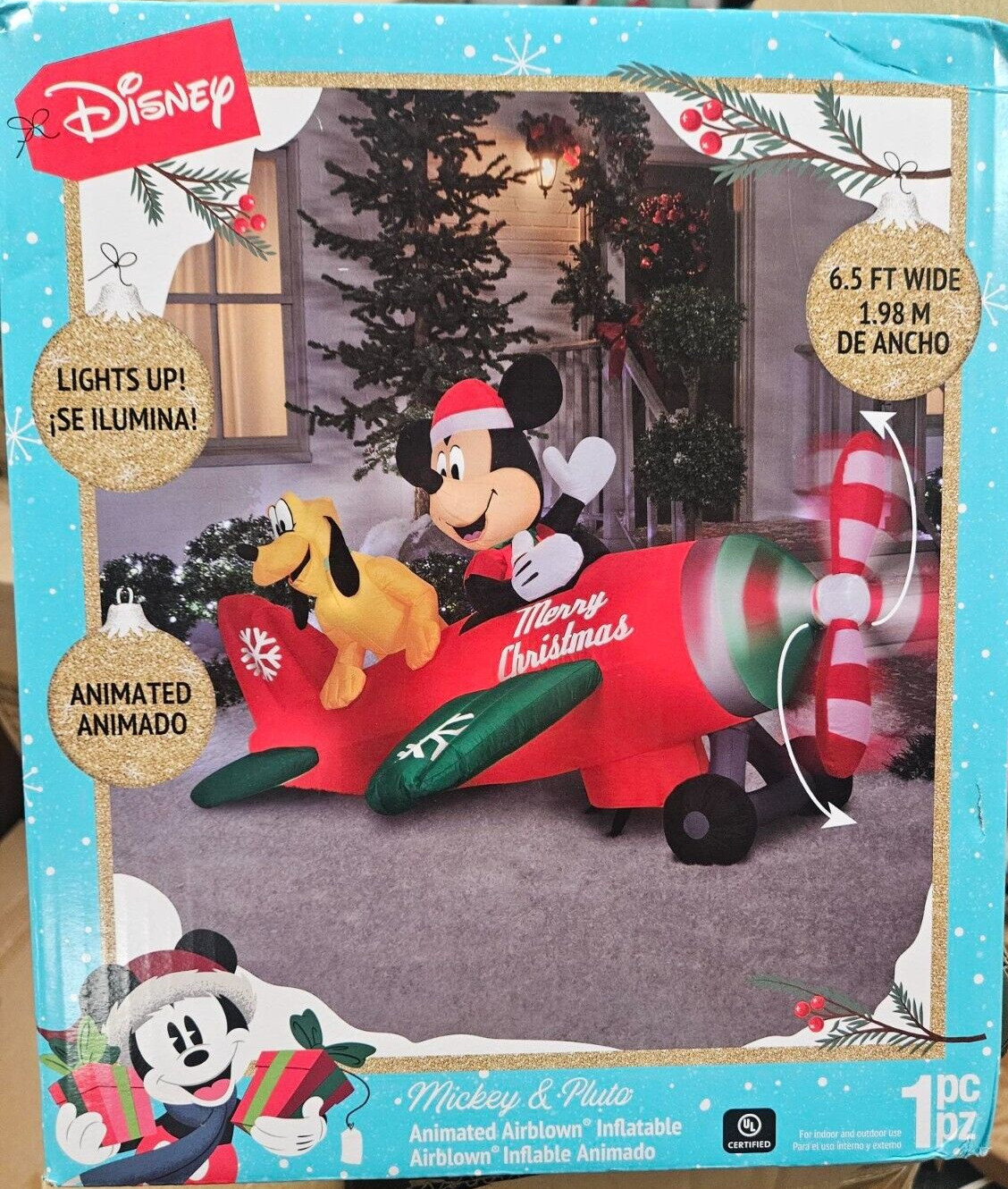 Gemmy 6.5ft Wide Disney's Animated Mickey & Pluto Airplane Christmas Inflatable