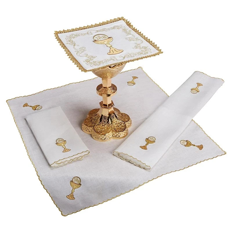 Chalice & Host Altar Linen Religious Gift Set Golden Embroidery & Lace trimmed