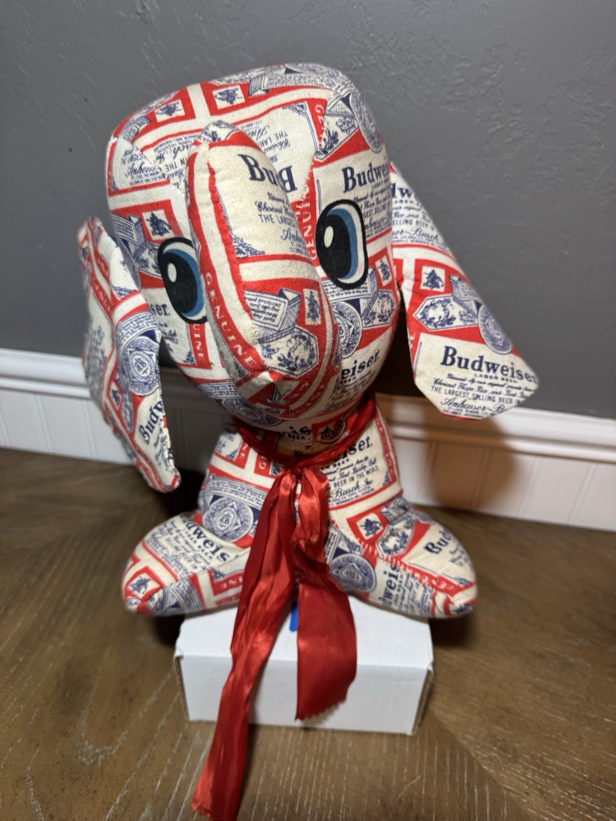 Vintage 1970 Mid Cent. Modern Budweiser Beer Fabric Cloth Plush Stuffed Elephant