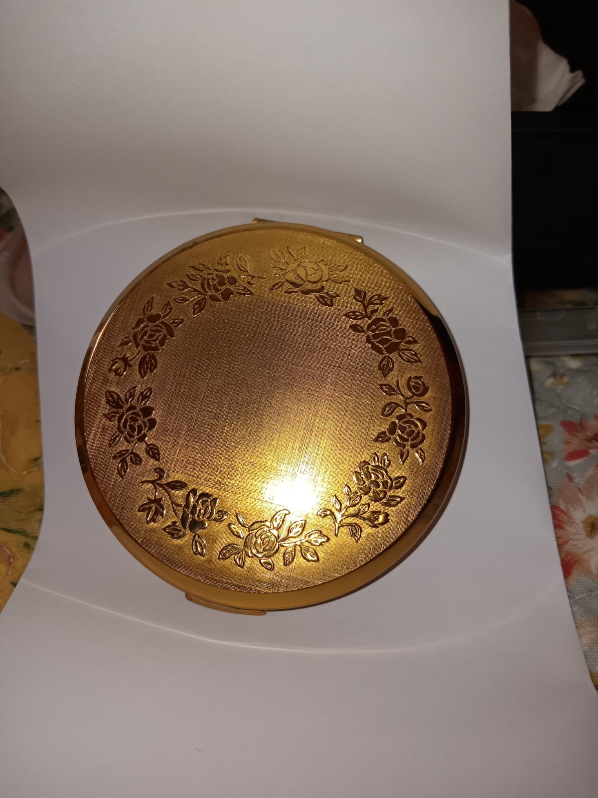 Vintage 1960's Stratton Powder Compact Gold Floral Unused Signed Velvet Pouch