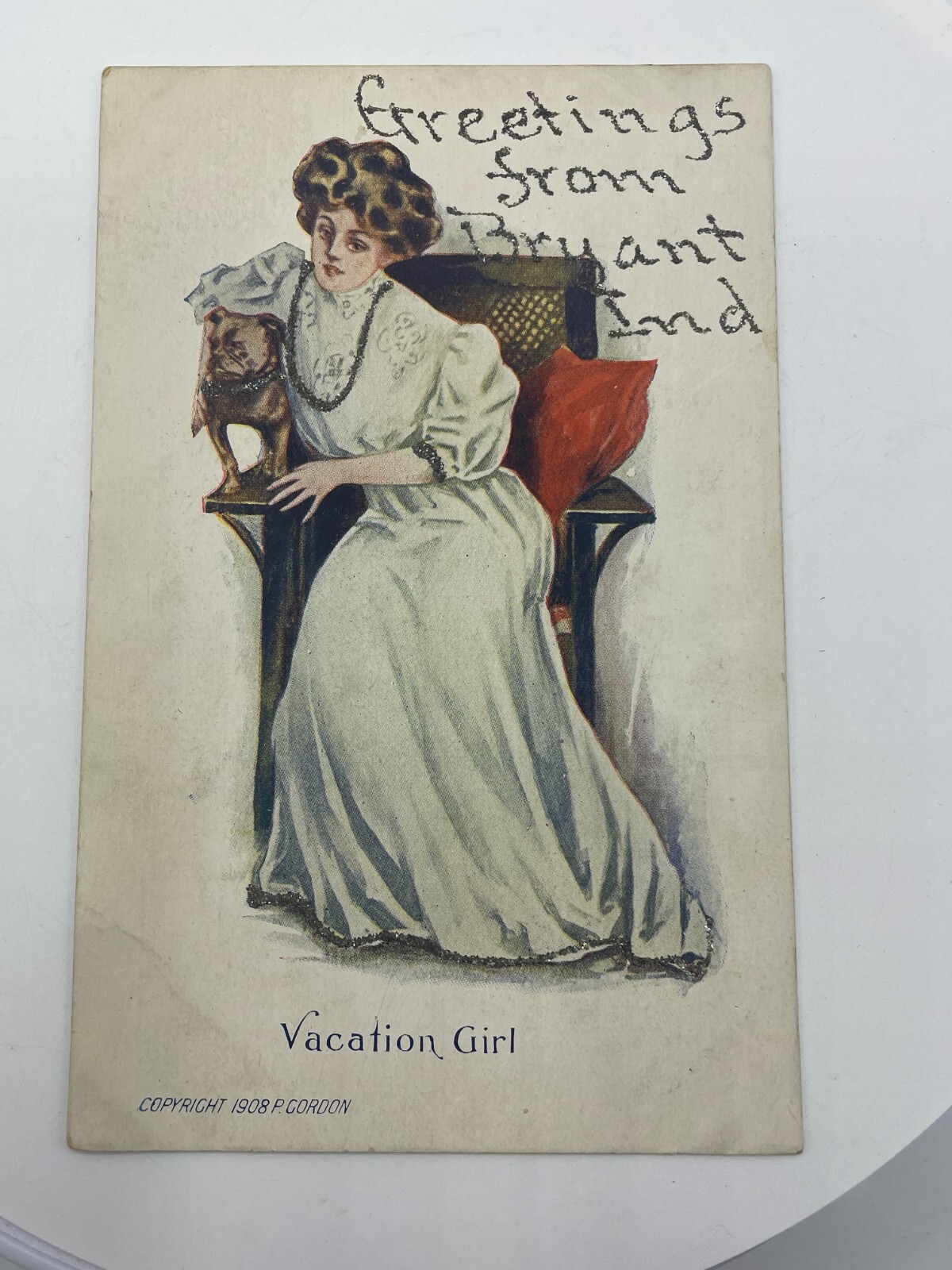 Vintage Postcard 1908 P. Gordon Vacation Girl Victorian Woman & Pit Bull Dog