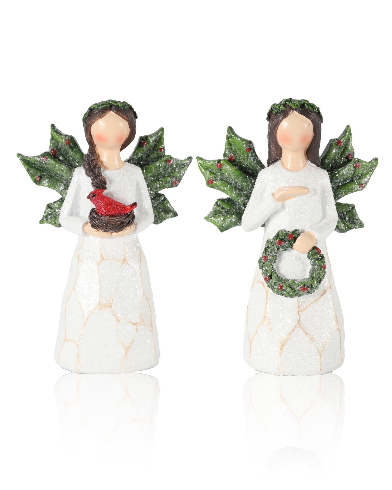 Set of 2 Glittering Christmas Angel Figurines - 5.1'' Holiday Ornaments, Festive