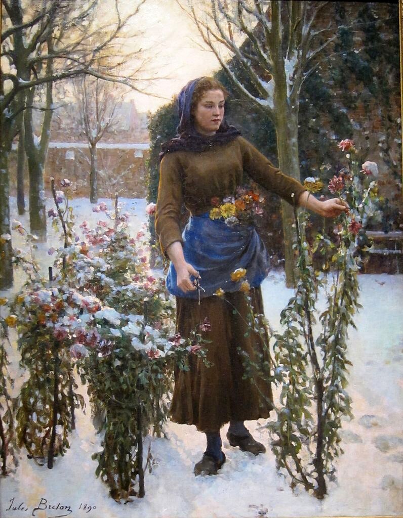 Oil painting lady art Last-Flowers-Jules-Adolphe-Breton-Oil-Painting