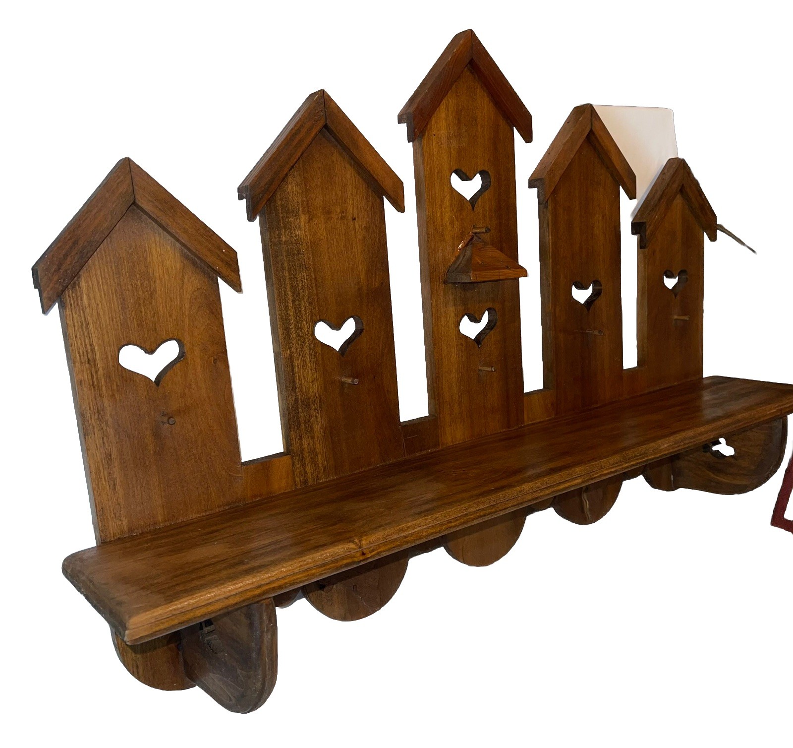 Vintage 28” X 17” Bird￼House & Heart Cutout Handmade Wood Wall Shelf
